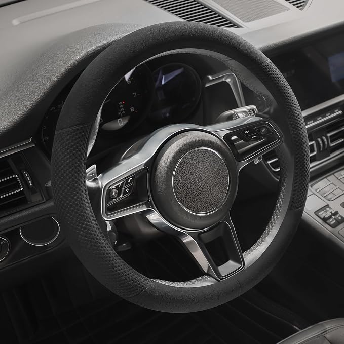 Suede Steering Wheel Cover with Upgraded Silicone Inner Ring, Breathable, Anti-Slip, Leather Universal 14.5 to 15 Inch Steering Wheel Cover (Black with Embossing Pattern)