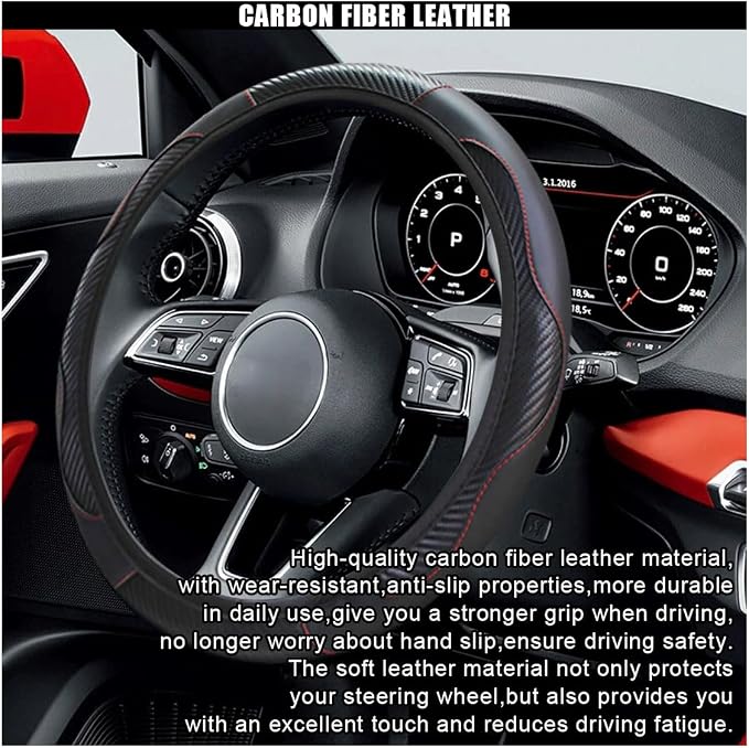 Car Steering Wheel Cover, 15 Inch Carbon Fiber Leather Elastic Steering Wheel Protector, Anti-Slip, Breathable & Soft Car Interior Accessories Universal for Most Cars, Men & Women (Black)