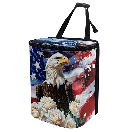 Talayituse Eagle Rose American Flag Print Car Trash Can Portable Auto Garbage Bin Paint Splatter Multifunctional Vehicle Interior Accessories with Adjustable Straps Universal Fit Truck SUV Sedan