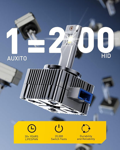 AUXITO D8S Bulbs, 30000LM 6500K Cool White, Direct Replacement D8S Light Bulbs with Cooling Fan, Plug and Play CANbus Ready No Flicker, Pack of 2