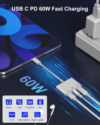 USB C Splitter 1 in 3 Out Dual USB C Headphone and Charger With 480Mbps Data, USB-C to 3.5mm Headphone Jack+ Dual Type c Dongle Surpport Music, Call, Microphone, PD60W Charging, Data Transfer