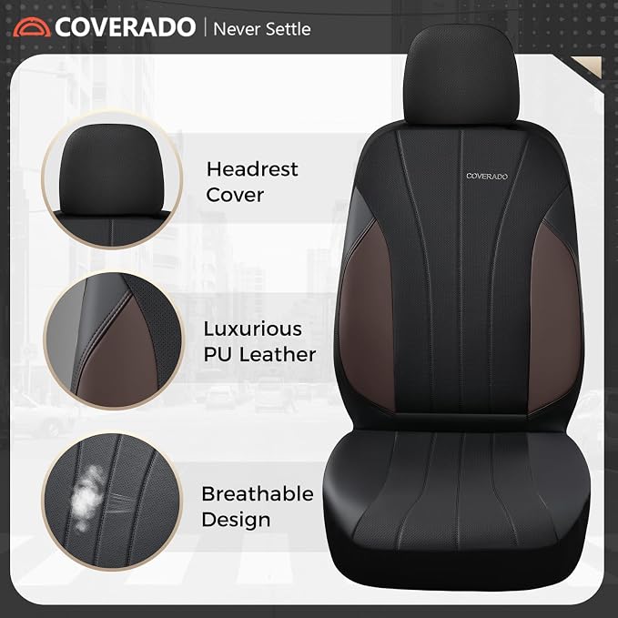 Coverado Car Seat Covers， 2 Front Seats Waterproof Nappa Leather Automotive Seat Protectors, Front Luxury Mesh Seat Covers, All-Weather Universal Fit for Most Cars SUVs, Trucks, Coffee&Black