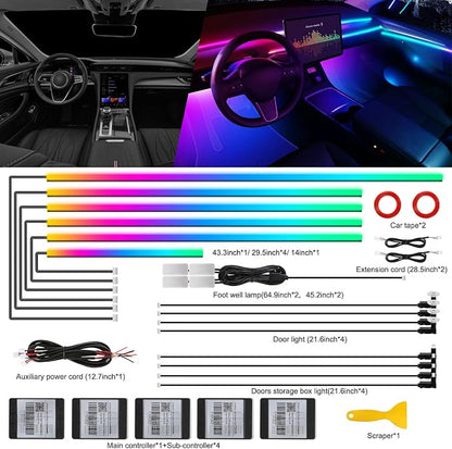 Dreamcolor Acrylic Interior Car LED Strip Light with Wireless APP, RGB 18 in 1 with 175 inches 593 LEDs Fiber Optic Strip Lights for Car, Dynamic Chasing Music Sync Neon Car Ambient Lighting Kits