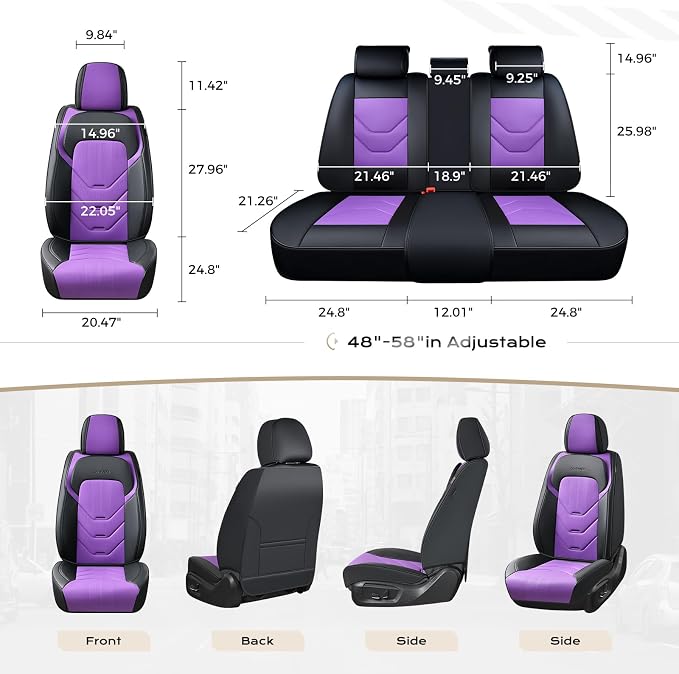 Coverado Car Seat Covers Full Set, Luxury Leather Seat Covers for Front and Back Seat, Black&Purple Seat Cover for Car, Waterproof Car Seat Protector, Car Seat Cushion Universal Fit for Most Cars