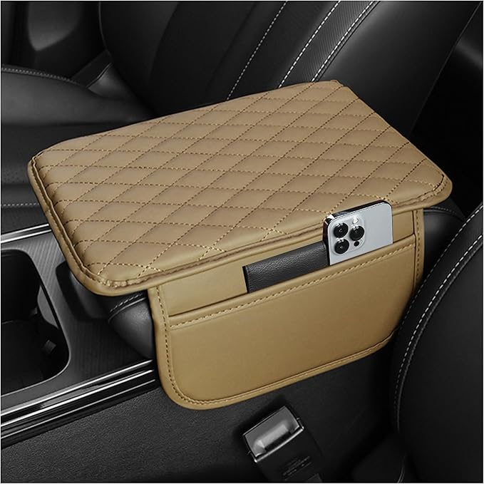 Stacool Upgraded Car Center Console Cover,Microfiber Leather Car Armrest Cover Cushion with 2 Storage Bags,Universal Car Armrest Storage Box (Beige)