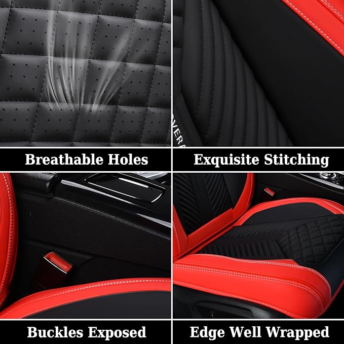 Coverado Car Seat Covers Full Set, 5 Seats Leather Seat Covers for Cars, Waterproof Front and Rear Car Seat Cushions Protectors Universal Fit Most Vehicles (Black&Red)