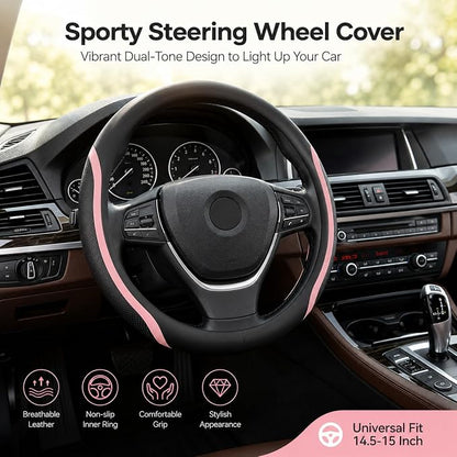 Steering Wheel Cover Black Pink, Leather Car Steering Wheel Covers with Coasters Universal 14.5-15 inch Microfiber Breathable Anti-Slip Steering Wheel Accessories Set