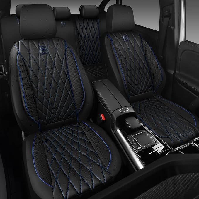 CAR PASS Piping Luxury Leather Seat Covers Full Set,5 Seats Anti-Slip Waterproof Seat Covers Compatible with Front Armrests,Universal Fit for Sendan SUV Van Truck,Airbag Compatible,Black and Blue