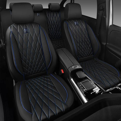 CAR PASS Piping Luxury Leather Seat Covers Full Set,5 Seats Anti-Slip Waterproof Seat Covers Compatible with Front Armrests,Universal Fit for Sendan SUV Van Truck,Airbag Compatible,Black and Blue