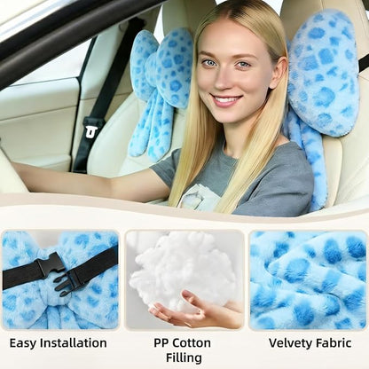 Sexysamba 2 Pcs Plush Bow Car Headrest Neck Pillow Cute Bow Pillow for Car Seat Décor Soft Neck Support for Comfortable Driving Traveling Office Fluffy Head Rest Cushion, Blue Leopard Print