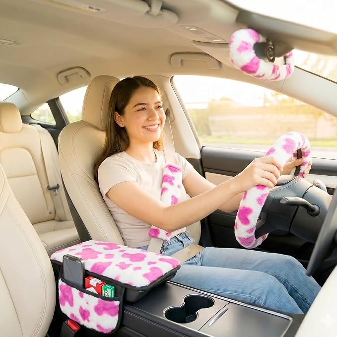 5 Pcs Fuzzy Cow Print Car Accessories Set, Soft Fluffy Plush Steering Wheel Cover, Center Console Armrest Pad & Rearview Mirror Cover - Interior Decorations for Women,Universal Fit (Pink Cow)