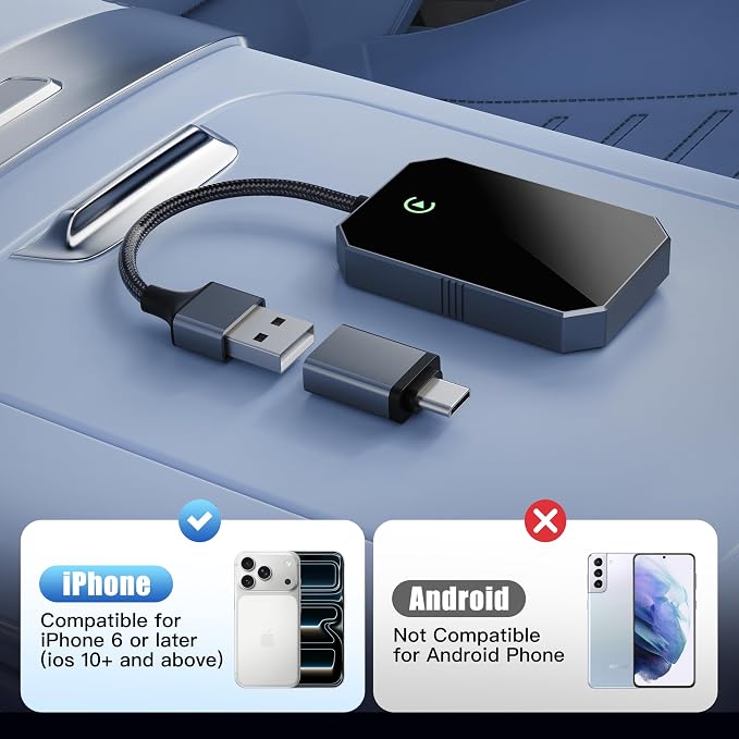 2026 Upgraded Wireless CarPlay Adapter for iPhone – Convert Factory Wired to Wireless Plug-and-Play USB-A/USB-C, No Latency Siri/HD Nav, Compatible with Car with Wired CarPlay & iOS 10+