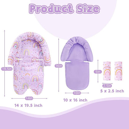 Infant Car Seat Insert with 2 Strap Pads, Carseat Cushion Baby Boy & Girl, Soft and Comfortable Carseat Head Support for Newborn, Purple Rainbow