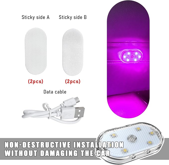 KVAEY 4 PCS Car LED Lights Interior Wireless, 7 Colors Magnetic Auto Ambient Light with 6 Bright LED Lamp Beads, Portable USB Rechargeable Vehicle Interior Led Night Light (Pink, Sticky, 2pcs)