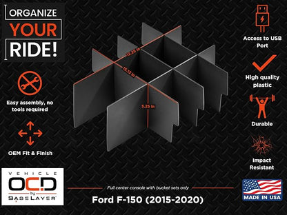 Vehicle OCD - Center Console Organizer for Ford F150 (2015-2020) (Full Console w/Bucket Seats ONLY) - Made in USA - SLX107