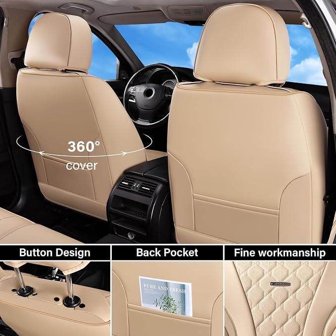Coverado Car Seat Covers Front Seats, Beige Seat Covers, Breathable Perforated Design, Luxurious Diamond Leather Car Seat Cover, 2 Pack Car Seat Protector Front Seat Cover Universal Fit Most Cars