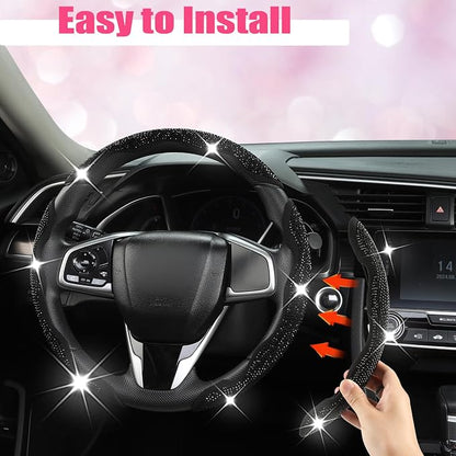 West Llama Diamond Bling Car Steering Wheel Cover with Crystal Rhinestones,3PCS Segmented Steering Wheel Protector,Universal for 99% Cars for Women(Black with Black Diamond)