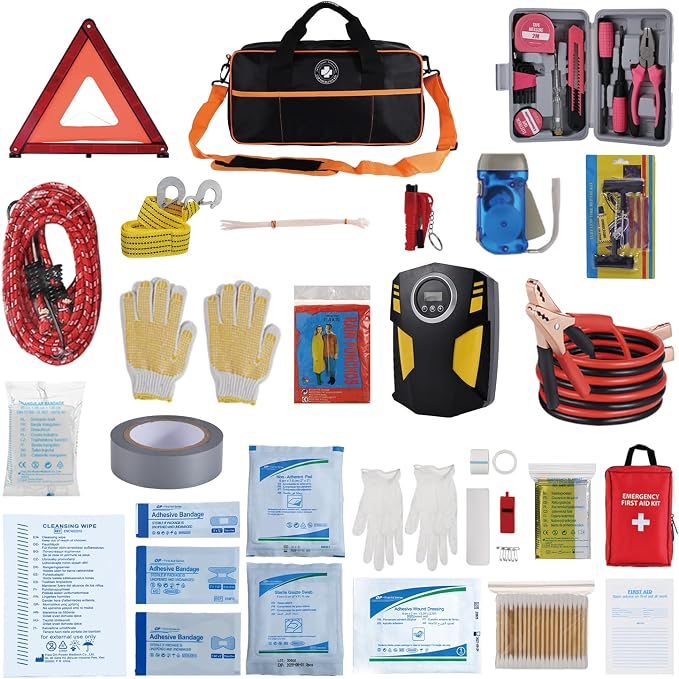All-in-One Car Emergency Kit with Digital Tire Inflator, Jumper Cable, Tow Strap, Reflective Triangle, First Aid Kit, Hand Crank Flashlight, and Repair Tools for Roadside Safety (Black)