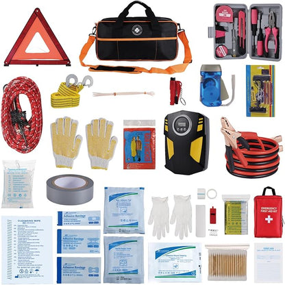 All-in-One Car Emergency Kit with Digital Tire Inflator, Jumper Cable, Tow Strap, Reflective Triangle, First Aid Kit, Hand Crank Flashlight, and Repair Tools for Roadside Safety (Black)