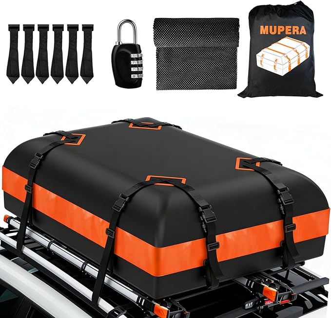 Mupera 15 Cubic Ft Waterproof Rooftop Cargo Carrier, Upgraded Anti-Slip Mat, 6 Door Hooks & Lock for Cars SUVs with/Without Roof Rack