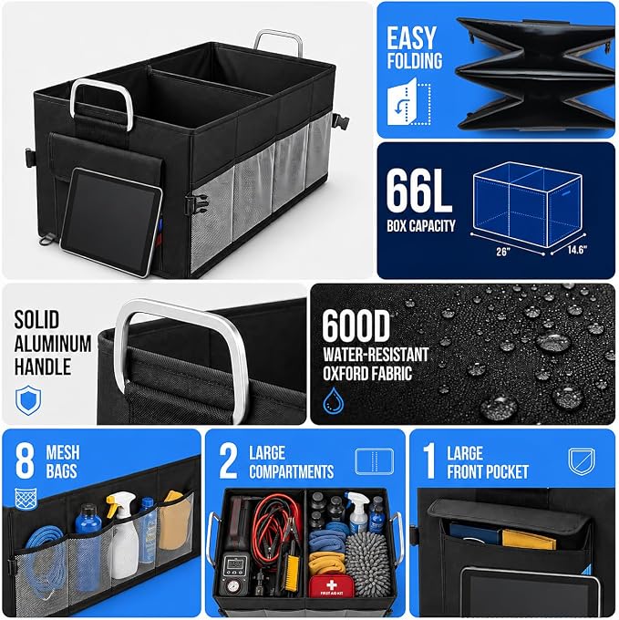 Car Trunk Organizer, Portable, Collapsible, Waterproof, Oxford Cloth, Aluminum Handle, Ideal for SUVs, Cars, Camping, Storage