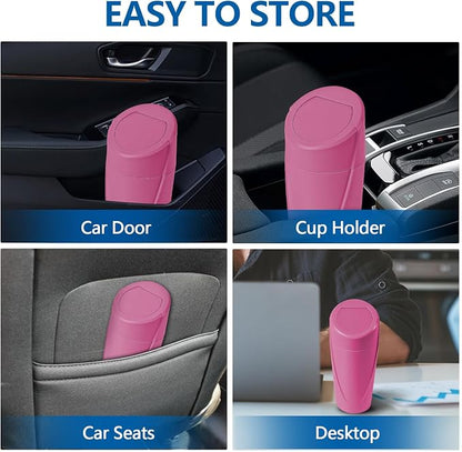 Hovom Mini Car Trash Can with Lid, Portable Garbage Can for Car, Leakproof Cup Holder Automotive Garbage Bin with 2 Rolls of Trash Bags, Small Trash Storage Can for Car Home Office(Rose Red)