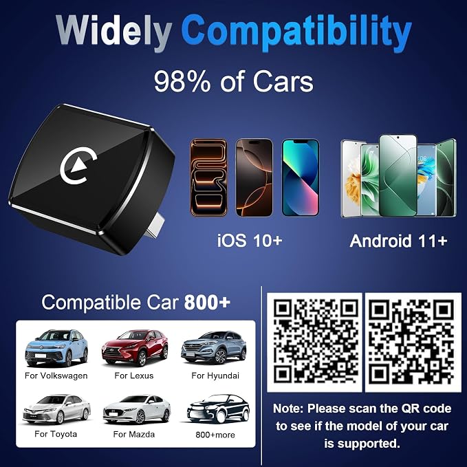 Wireless CarPlay Adapter for iPhone ＆ Android, Convert 2-in-1 Wired to Wireless Adapter for CarPlay & Android Auto, Plug and Play, Fast Stable Connection & No Delay, Universal Smart Screen Converter