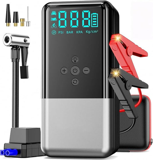 Jump Starter with Air Compressor 8000A 160PSI Battery Jumper Starter(10L Gas/All Diesel) Jump Box Car Battery with Auto-Shutoff Tire Inflator, Jumper Cables and Flashlight