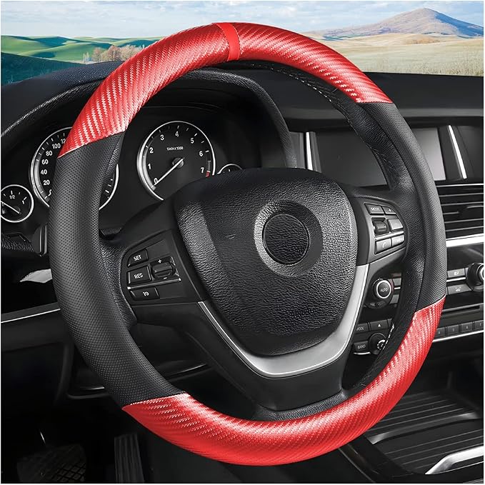 Moly Magnolia Steering Wheel Cover, Carbon Fiber Breathable Microfiber Leather with Non-Slip Lining, Cool in Summer Warm in Winter for Men Women, Universal 15 Inch for Most Cars (Carbon Fiber Red)