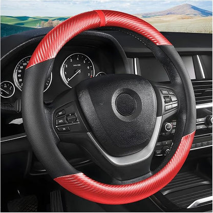 Moly Magnolia Steering Wheel Cover, Carbon Fiber Breathable Microfiber Leather with Non-Slip Lining, Cool in Summer Warm in Winter for Men Women, Universal 15 Inch for Most Cars (Carbon Fiber Red)