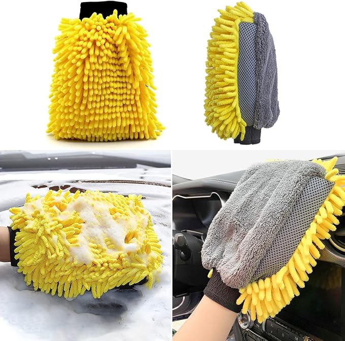 BMLEI Car Wash Brush with Long Handle, Chenille Microfiber Mop Mitt with 1 Replacement Head, Wheel Brush Extension Pole Cleaning Kit & Towels for Cars & Trucks - 5PCS