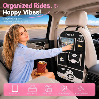YUNZLAN Cute Panda Leather Car Backseat Organizer 1 Pack Car Seat Back Protectors with Clear 10" Tablet Holder + 4 Storage Pockets