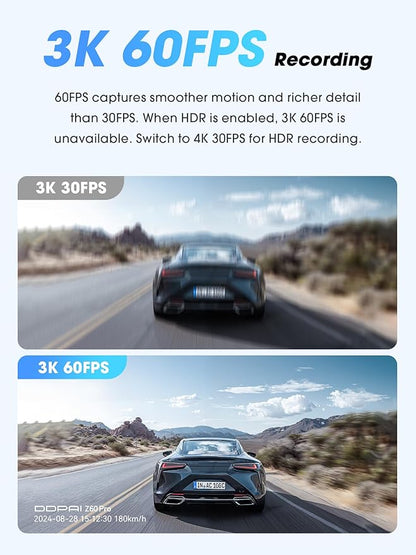 DDPAI 4K Dash Cam Front and Rear, Dual STARVIS 2 IMX678 IMX662 Dashcam,4K+1080P HDR Car Camera With Bulit-in 32G eMMC, 3K/60FPS,4G LTE Support,5G WiFi GPS, 3" IPS,Night Vision,24H Parking Mode,Z60 Pro