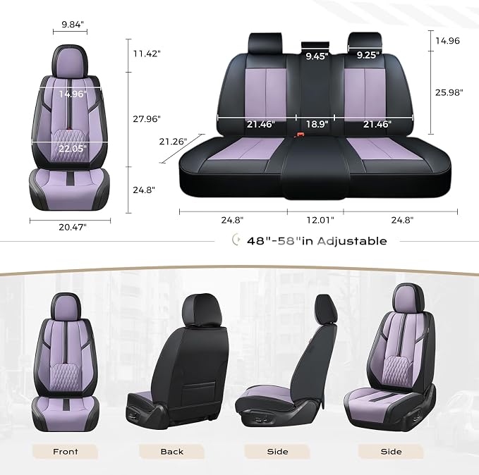 Coverado Seat Covers for Front and Back Seat, 5 Seat Car Seat Covers Waterproof, Leather Seat Covers for Cars with Lumbar Support, Car Seat Protectors Universal Fit for Most Vehicles (Black&Purple)