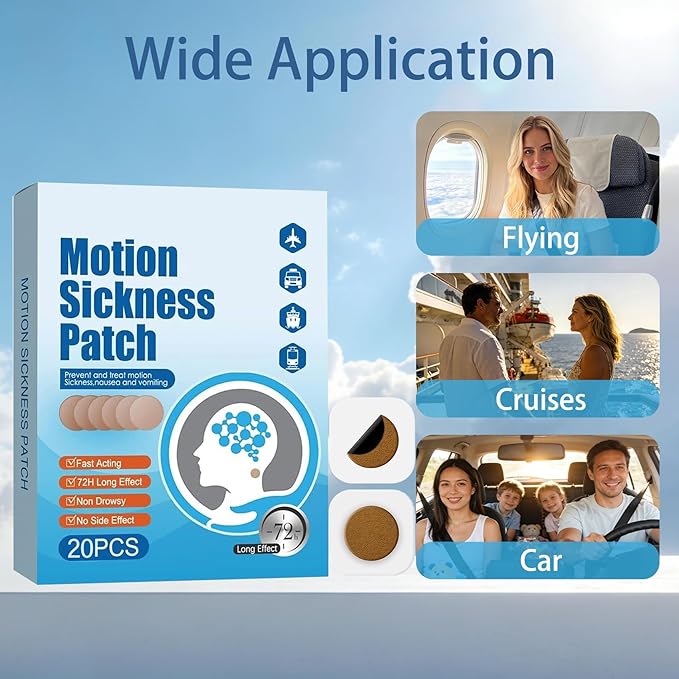 KUNHAOH (2026 New) Motion Sickness Patches for Adults and Kids(Travel Essentials),Ship-EEZ Sea Sickness Patch(Non-Drowsy & Lasts 72 Hours)-for Car and Boat Rides, Ships, Cruise and Airplane(20 Count)