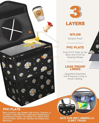 Pritent Car Trash Can with Lid, Cute Leakproof Car Trash Garbage Bag Hanging Vehicle Trash Bin Small Portable Automotive Garbage Cans Organizer for Back/Front Seat/Console(2.8 Gallons,Black Flower)
