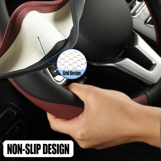 Microfiber Leather Steering Wheel Cover Large Size for Ford F150 F250 F350 RAM 4Runner Tacoma Tundra Sequoia Model S Model X, Breathable, Anti Slip, 15.5 inch to 16 inch, Black with Burgundy