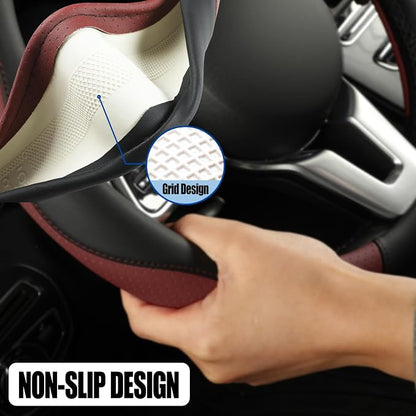 Microfiber Leather D Shaped Steering Wheel Cover, Breathable, Anti Slip, Universal 15 inch, Black with Burgundy
