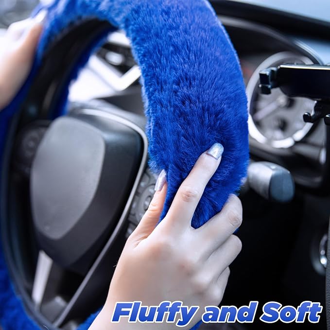 SEG Direct Furry Car Steering Wheel Cover with Fluffy Gear Shift Cover Soft Warm Non-Slip Car Decoration for Men Women Girls 2 PCS Set, Blue