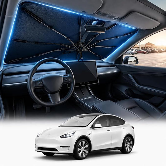 [2026 Upgraded] DooGooCoo Windshield Sun Shade Umbrella for Tesla Model Y, Model 3 [100% Sunlight Blocked, Cooling Ice Crystal] Sunshade for Car Windshield for Model Y & Model 3 Sunshade 2017-2026.