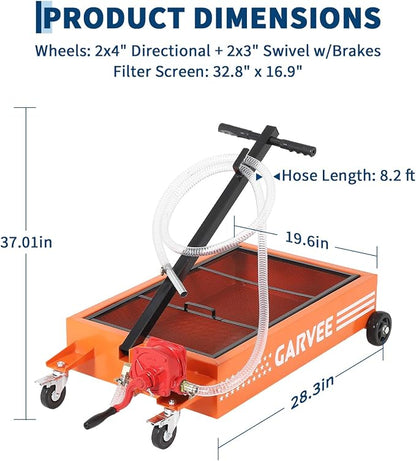 Garvee Oil Drain Pan, 15 Gallon Waste Oil Drain Pan for Oil Change, Steel, 8-8.2 ft Hose& Folding Handle&Rolling Cart, Heavy Duty for Trucks,Manual,Orange