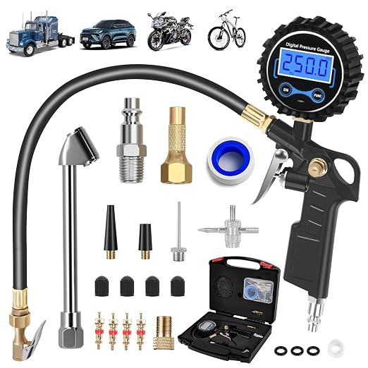 Digital Tire Pressure Gauge with Inflator 250 PSI, Heavy Duty 360° Air Chuck Air Compressor Attachments, Improved Leaks Protection & Extended Hose Tire Gauge, 0.1 Display Resolution, with Storage Box