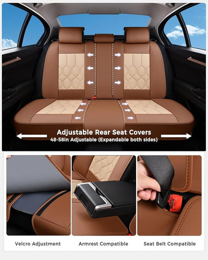 Huidasource Seat Covers Full Set, Universal Fit for Most Cars SUVs Trucks, Full Coverage Leather Seat Cover, Airbag, Cupholder Compatible, Seat Function Retain, Easy Install with Velcro, Brown&Beige