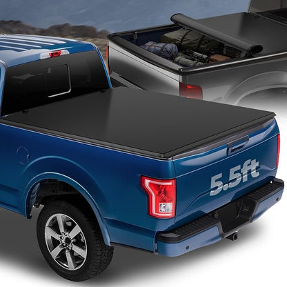 Auto Dynasty Soft Roll-up Truck Bed Tonneau Cover Compatible with 2015-2025 Ford F150 F-150 5.5Ft/66Inch Fleetside Bed, Matte Black Soft Vinyl Top