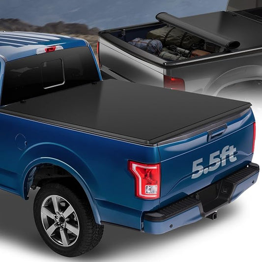 Auto Dynasty Soft Roll-up Truck Bed Tonneau Cover Compatible with 2015-2025 Ford F150 F-150 5.5Ft/66Inch Fleetside Bed, Matte Black Soft Vinyl Top