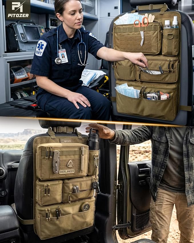 All in One Car Seat Back Organizer, Heavy Duty Molle Panel Seat Back Protector with Multi-Pockets Storage for Tools, Camping, Travel, Fit Most Cars SUV Trucks Jeeps Pickups