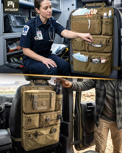 All in One Car Seat Back Organizer, Heavy Duty Molle Panel Seat Back Protector with Multi-Pockets Storage for Tools, Camping, Travel, Fit Most Cars SUV Trucks Jeeps Pickups