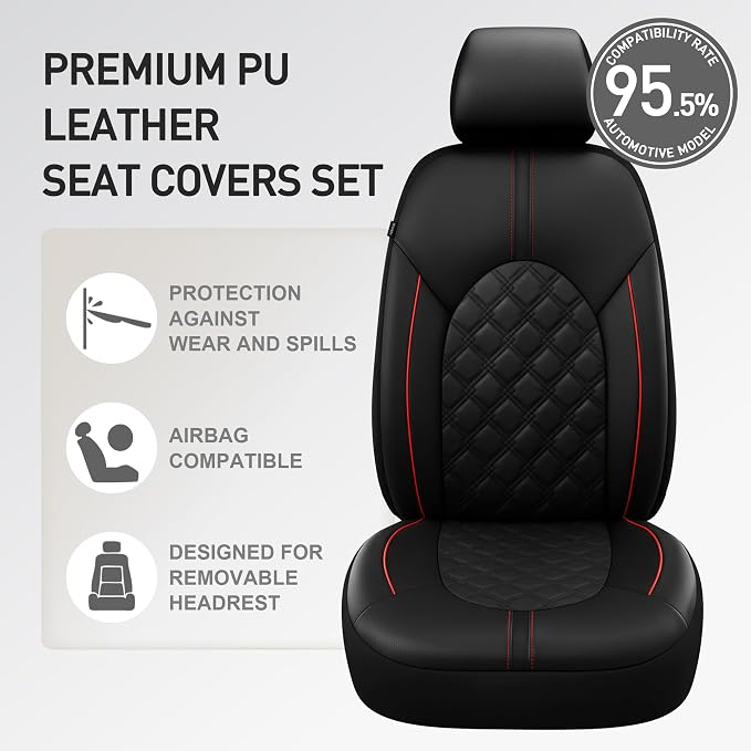 CAROMOP Luxury PU Leather Car Seat Covers Front Set - Anti-Stain Waterproof Automotive Seat Covers for Cars - Universal Car Interior Covers Seat Protectors for SUVs Pick-up Trucks(Black/Red Line)