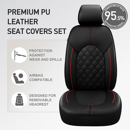 CAROMOP Luxury PU Leather Car Seat Covers Front Set - Anti-Stain Waterproof Automotive Seat Covers for Cars - Universal Car Interior Covers Seat Protectors for SUVs Pick-up Trucks(Black/Red Line)