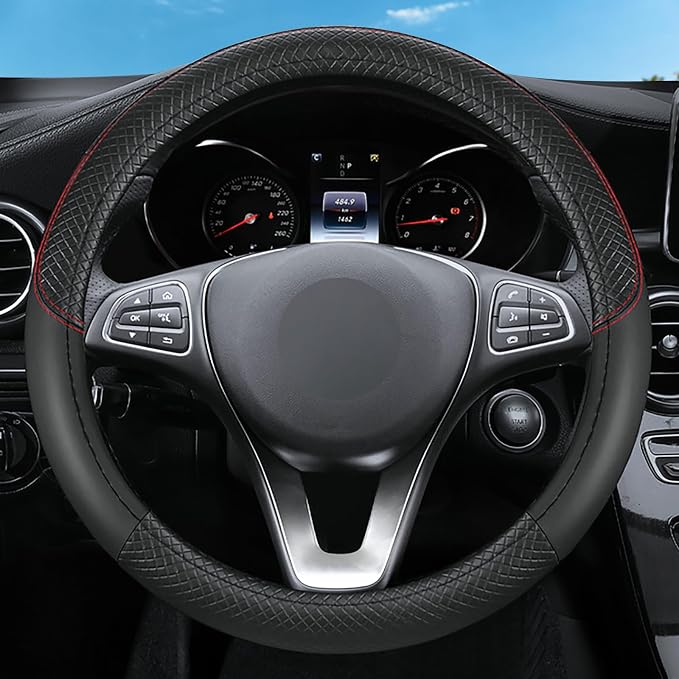 Leather Patchwork Black Steering Wheel Cover, 14.5-15 Inch Non-Slip Breathable Microfiber Car Steering Wheel Protector